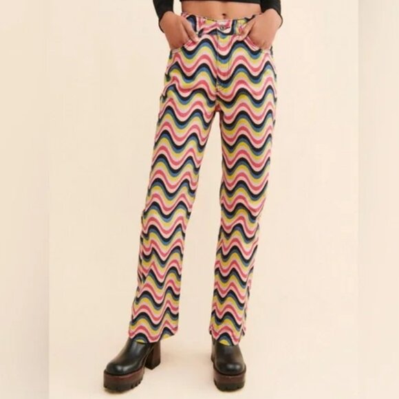 RAGGED PRIEST HIGH RISE STRAIGHT LEG JEANS WAVY PYSCHEDELIC HIPPIE MOD RIGID 26 - Picture 2 of 9